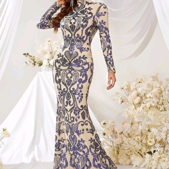 Apricot Tribal Print Sequined Stand Collarlong sleeved Mermaid Maxi…